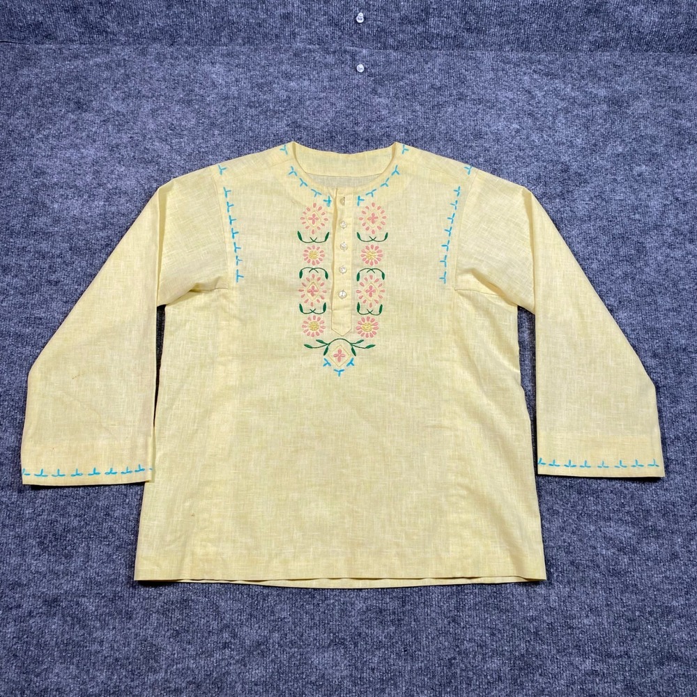 Yellow Embroidered Linen Tunic Top Boho Floral Long Sleeve Womens